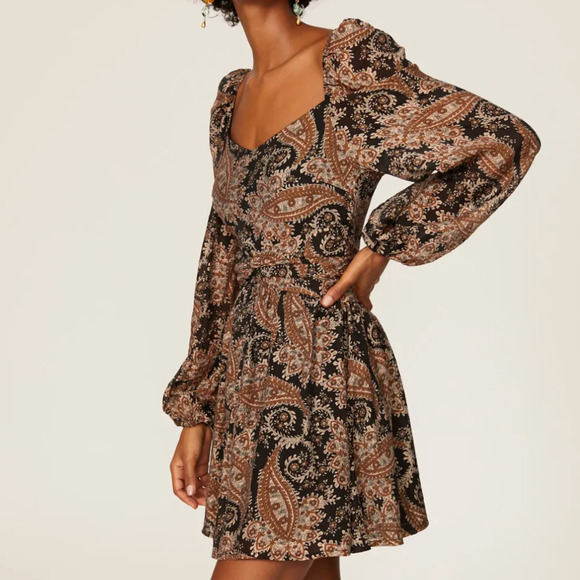 MinkPink Brown Paisley Fit Flare Mini Dress SMALL Ruched Boho Cotton Western - Picture 2 of 10